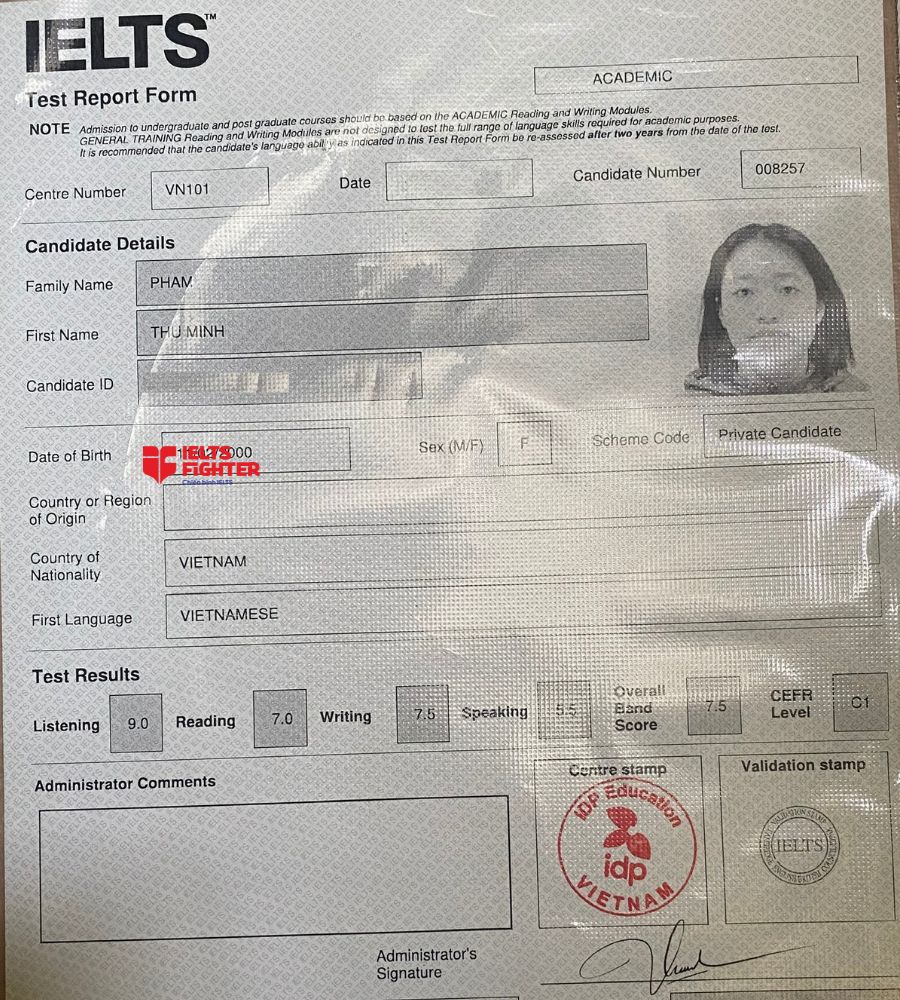Chứng chỉ Phạm Thu Minh  7.5 IELTS