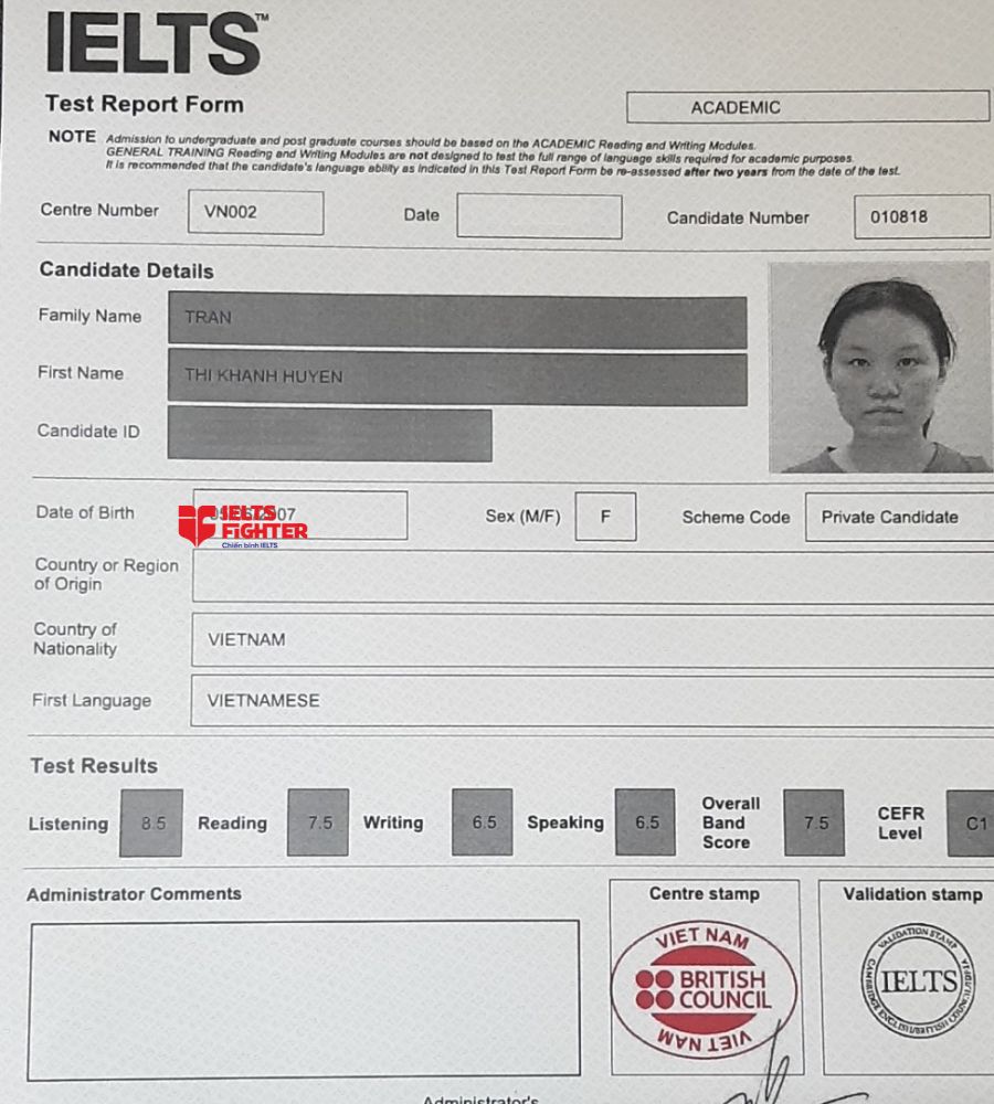 Chứng chỉ Trần Thị Khánh Huyền 7.5 IELTS