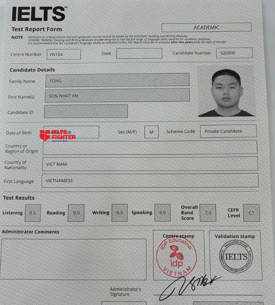 Chứng chỉ Tống Sơn Nhật An 7.5 IELTS