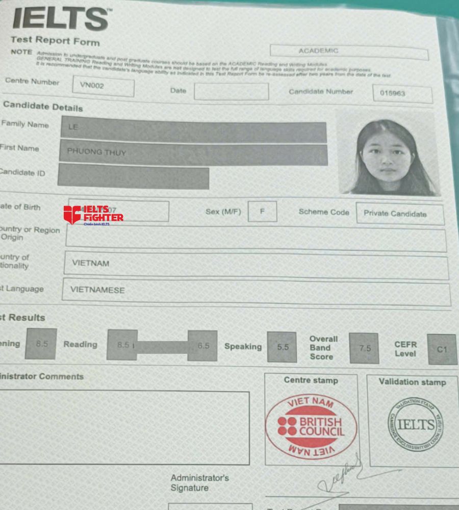 Chứng chỉ Lê Phương Thùy 7.5 IELTS