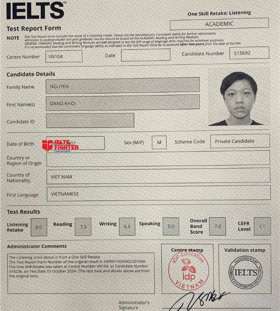 Chứng chỉ Nguyễn Đăng Khôi 7.0 IELTS