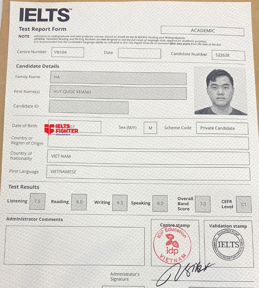 Chứng chỉ Hà Huy Quốc Khánh 7.0 IELTS
