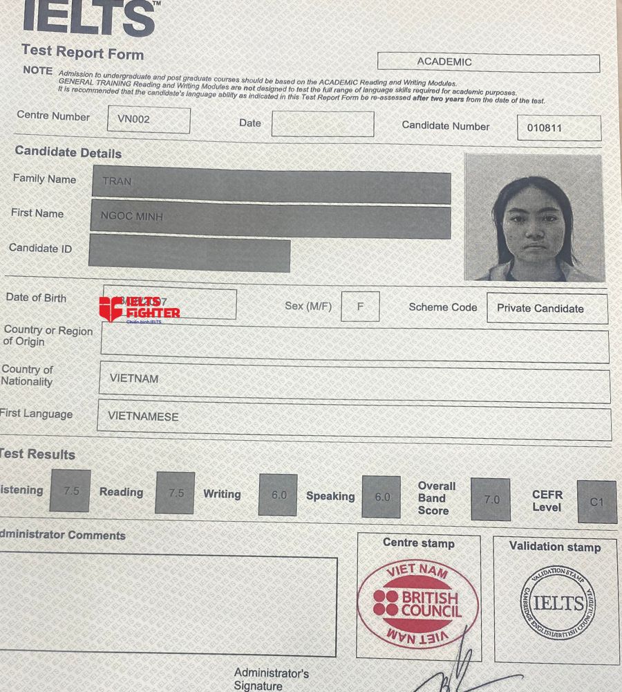 Chứng chỉ Trần Ngọc Minh 7.0 IELTS