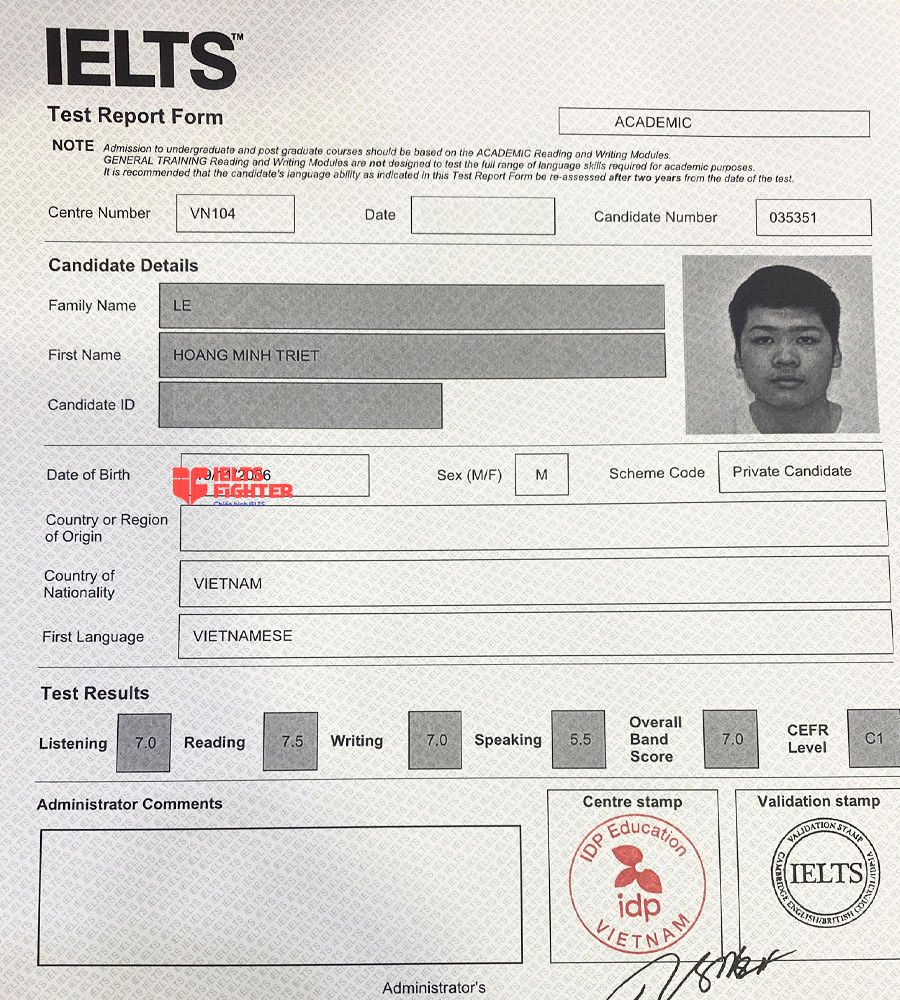 Bảng điểm minh triết 7.0 IELTS