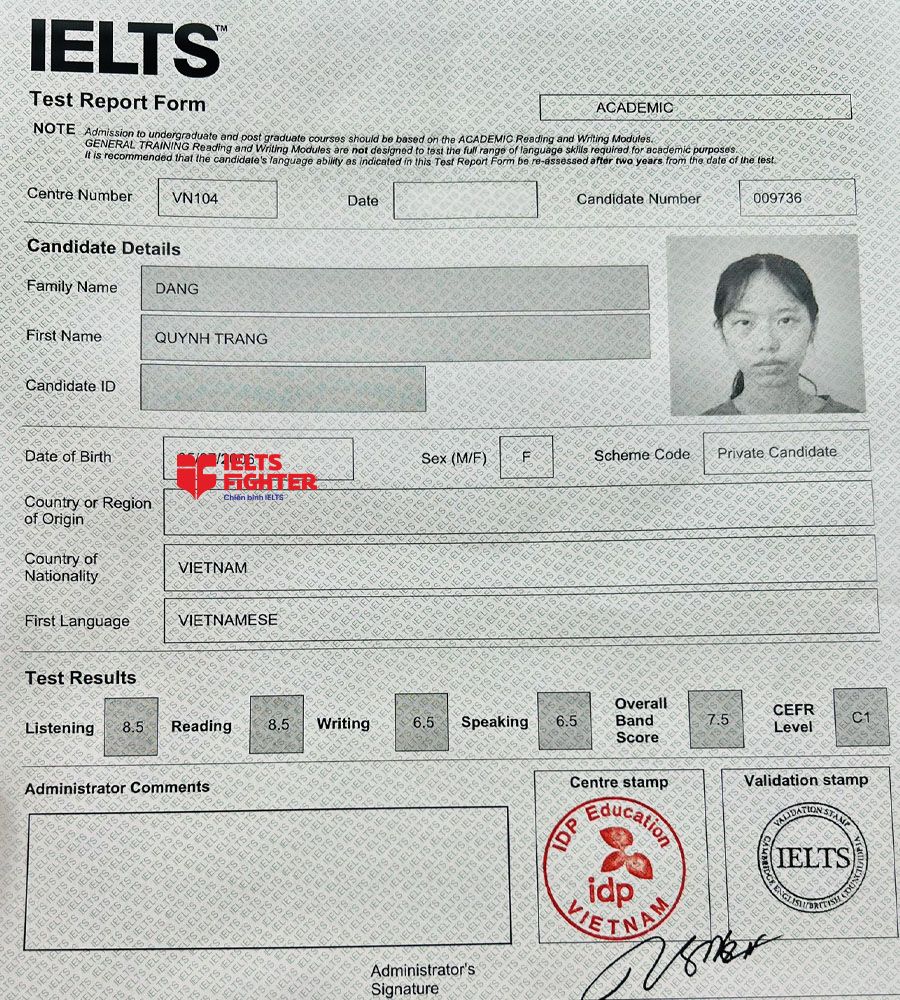 Bảng điểm thùy trang 7.5 IELTS