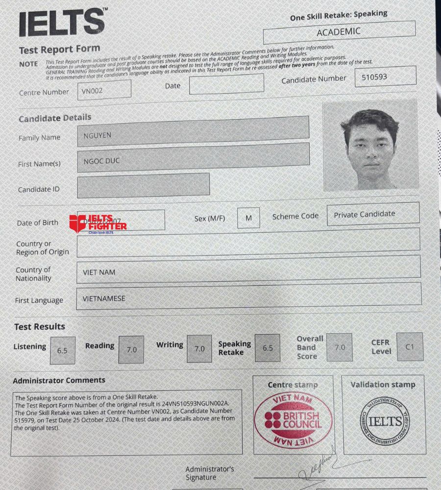 Chứng chỉ Nguyễn Ngọc Đức 7.0 IELTS