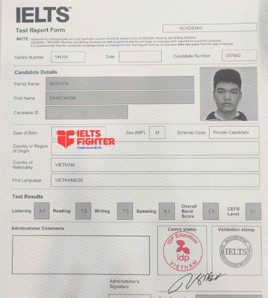 bảng điểm Đăng Khoa 7.5 IELTS