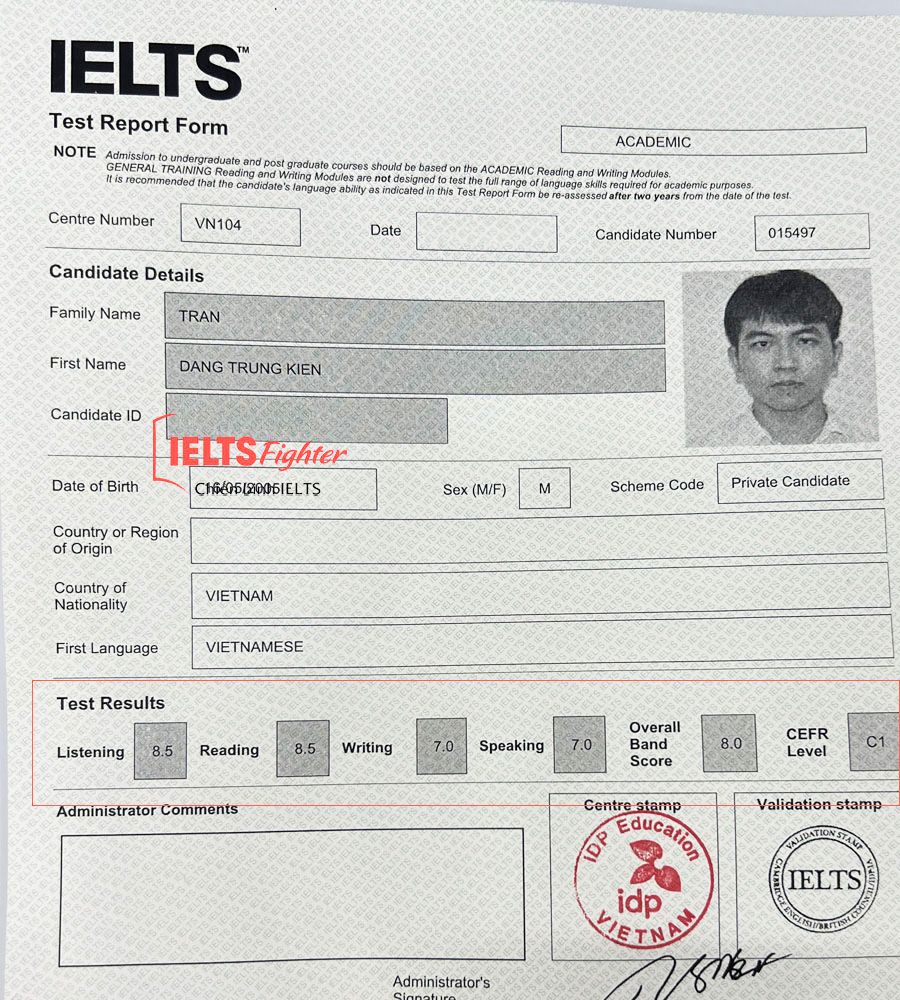 bảng điểm trung kiên 8.0 IELTS