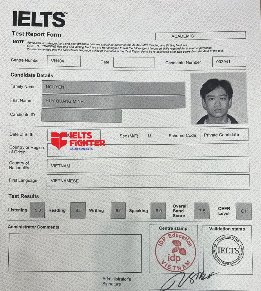 bảng điểm quang minh 7.5 IELTS