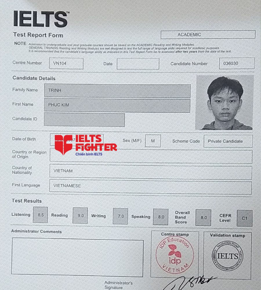 bảng điểm Phúc Kim 8.0 IELTS
