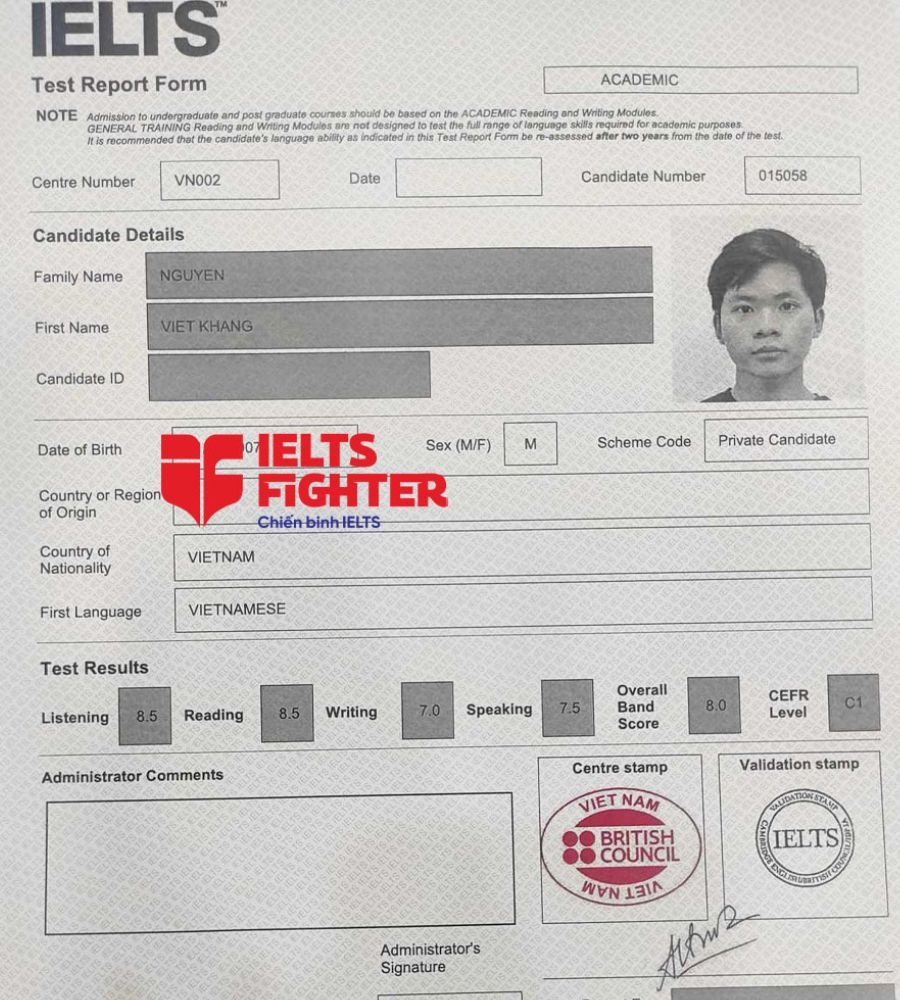 bảng điểm Viết Khang 8.0 IELTS 