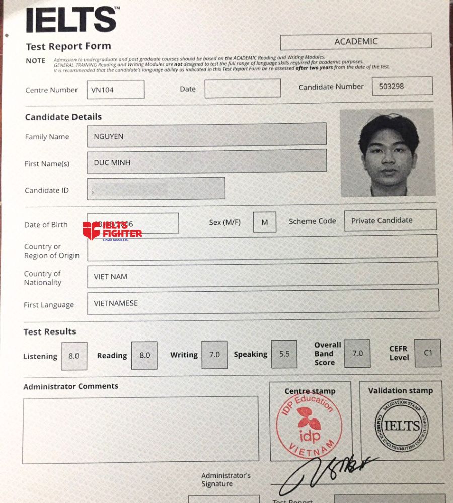 Chứng chỉ Nguyễn Đức Minh 7.0 IELTS