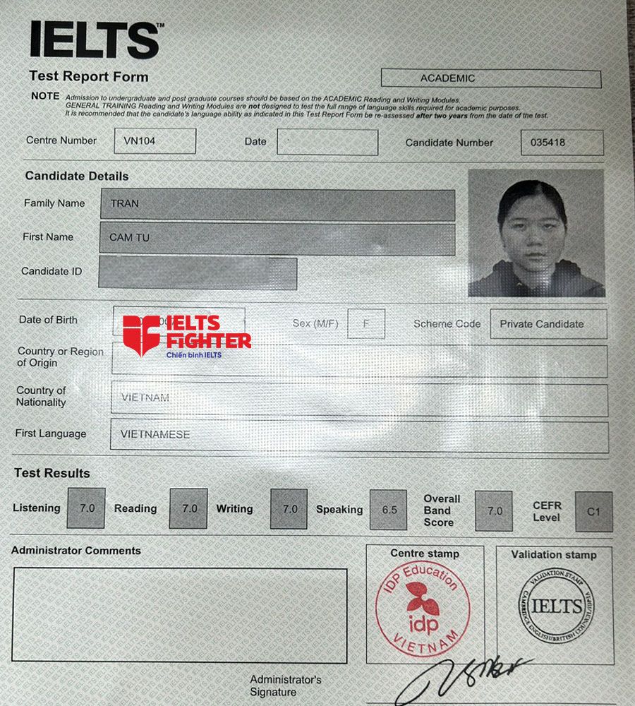 bảng điểm Cẩm Tú 7.0 IELTS