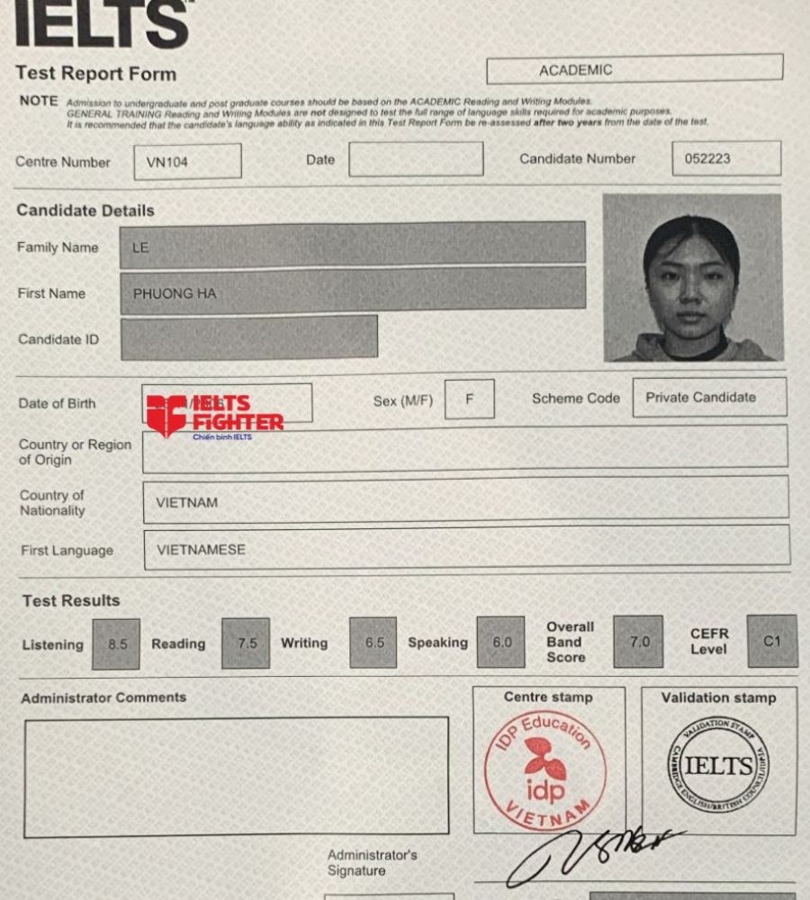bảng điểm  Lê Phương Hà 7.0 IELTS