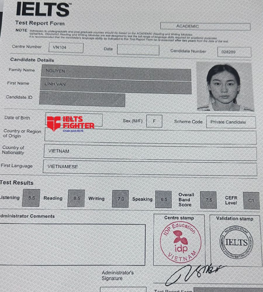 bảng điểm Nguyễn Linh Vân 7.0 IELTS