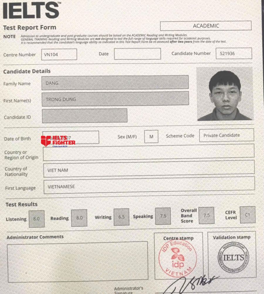 Chứng chỉ Đặng Trọng Dũng 7.5 IELTS