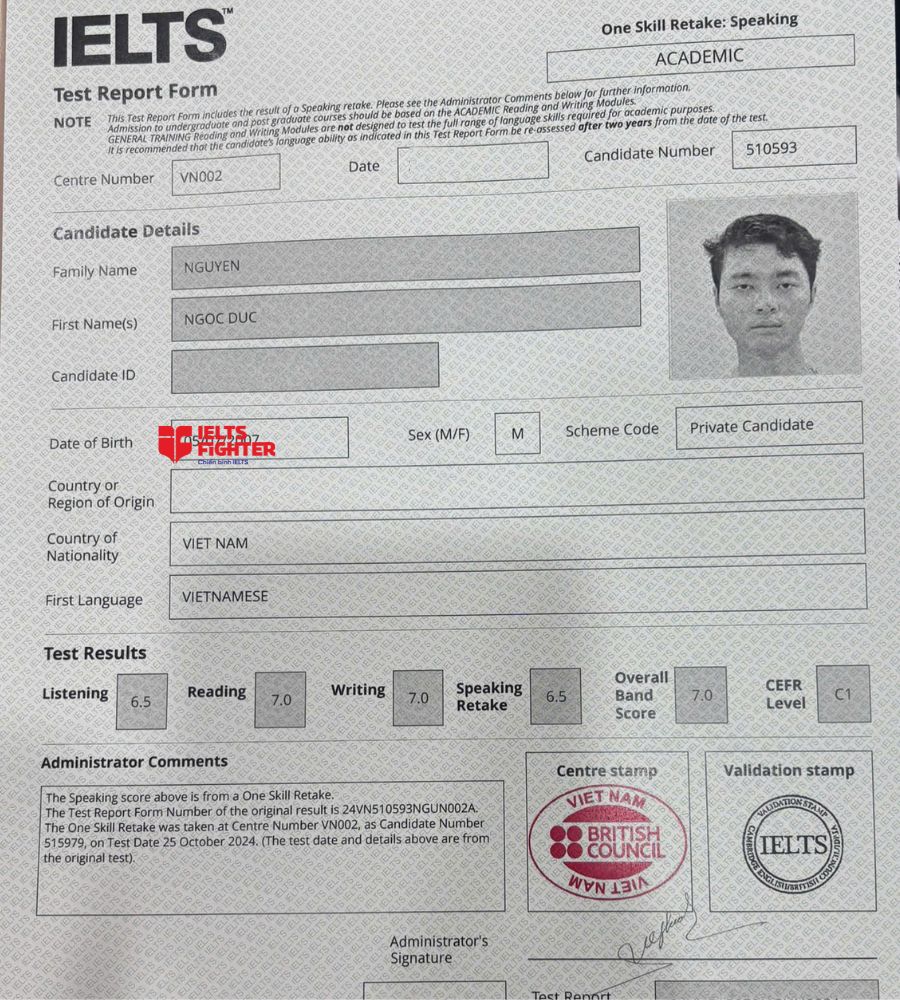 Chứng chỉ Vũ Anh Đức 7.0 IELTS