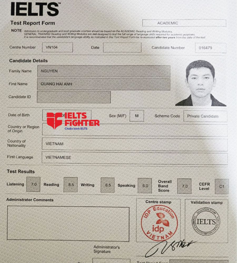 bảng điểm Hải Anh 7.0 IELTS