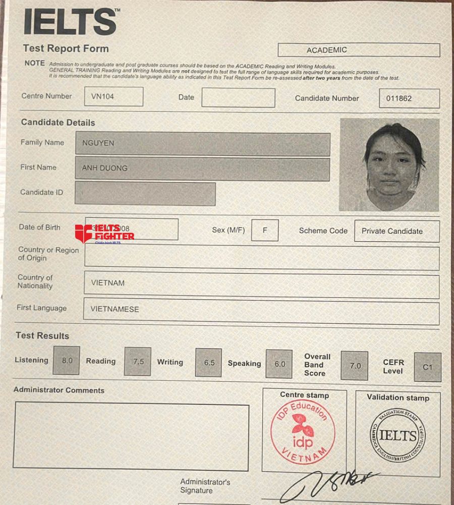 Chứng chỉ Nguyễn Ánh Dương 7.0 IELTS