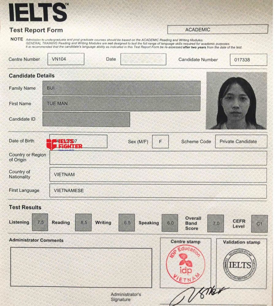 Chứng chỉ Bùi Tuệ Mẫn 7.0 IELTS
