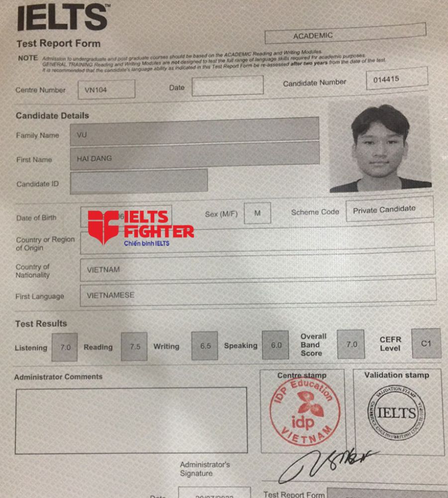 bảng điểm hải đăng 7.0 ielts