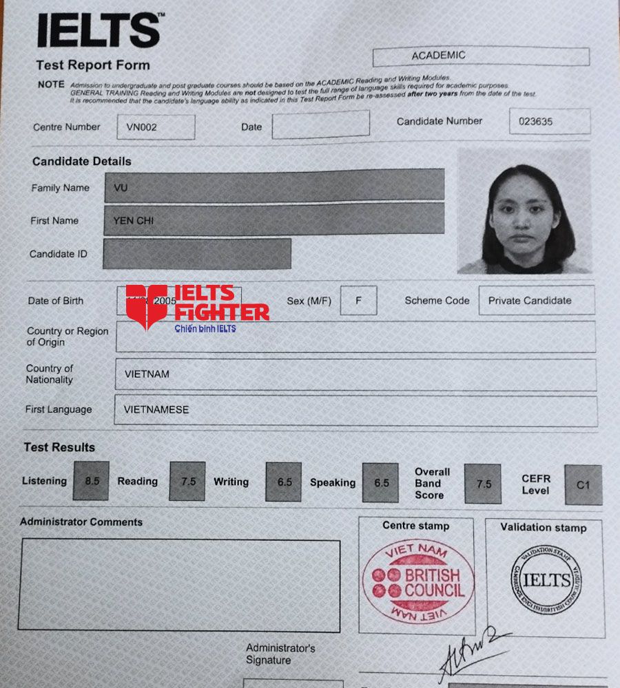 bảng điểm yến chi 7.5 IELTS