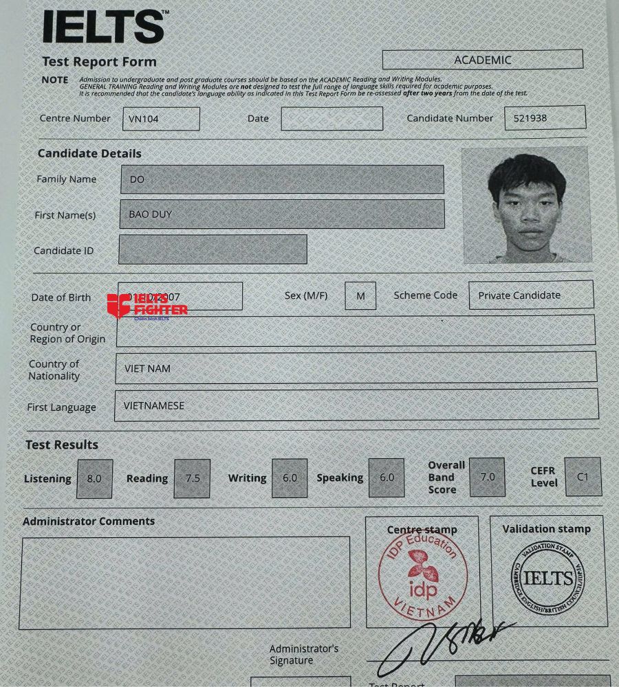 Chứng chỉ Đỗ Bảo Duy  7.0 IELTS