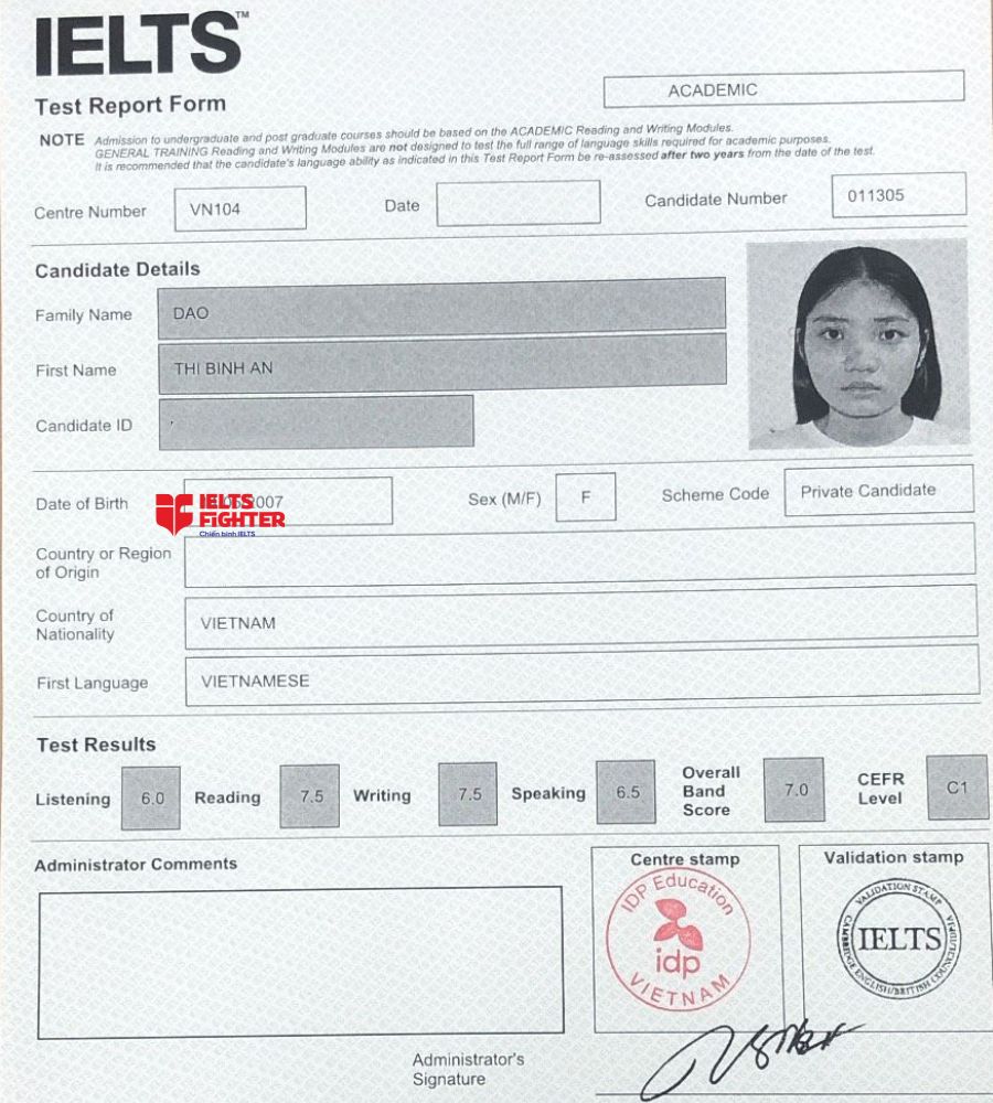 Chứng chỉ Đào Thị Bình An  7.0 IELTS