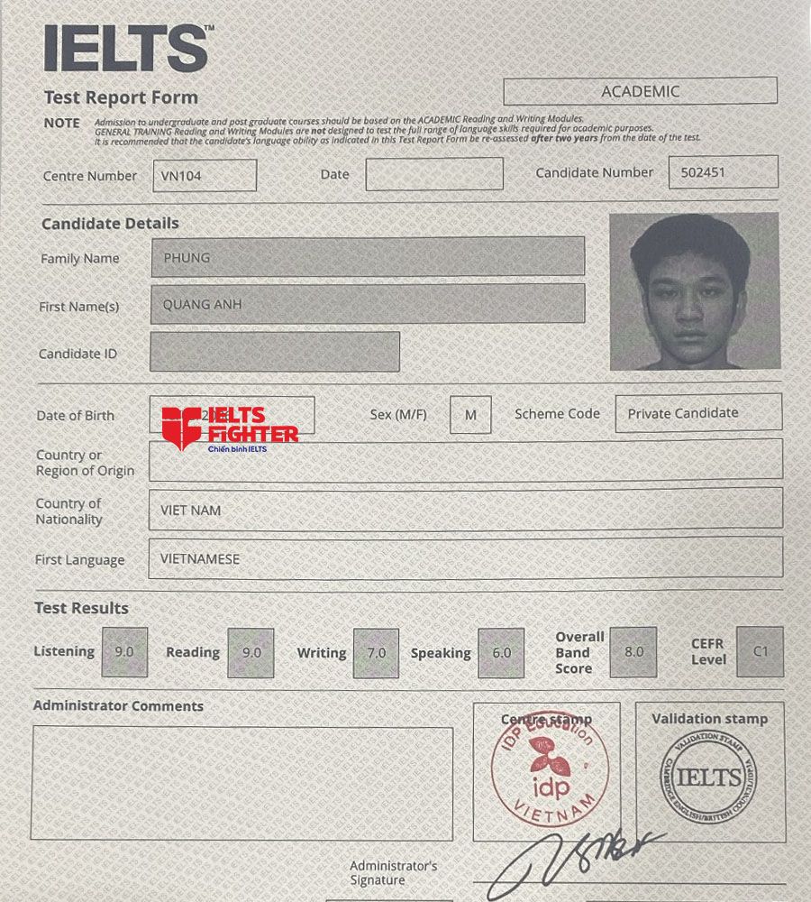 bảng điểm Phùng Quang Anh 8.0 IELTS