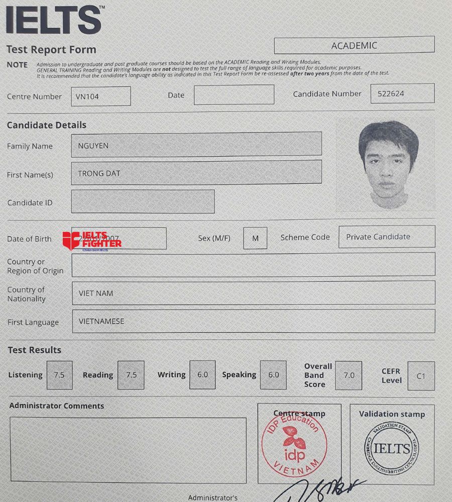 Chứng chỉ Nguyễn Trọng Đạt 7.0 IELTS