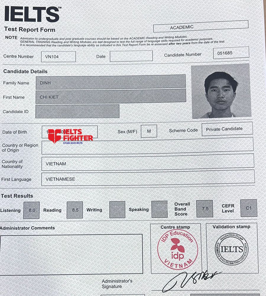 bảng điểm Trí Kiệt 7.5 ielts