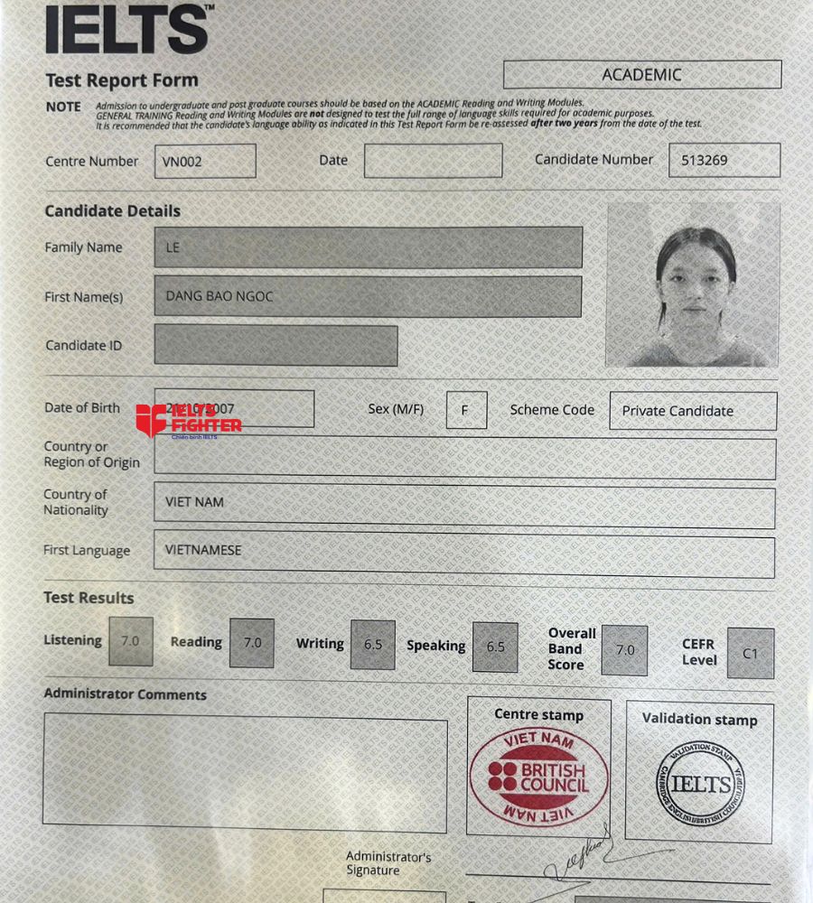 Chứng chỉ Lê Đăng Bảo Ngọc 7.0 IELTS
