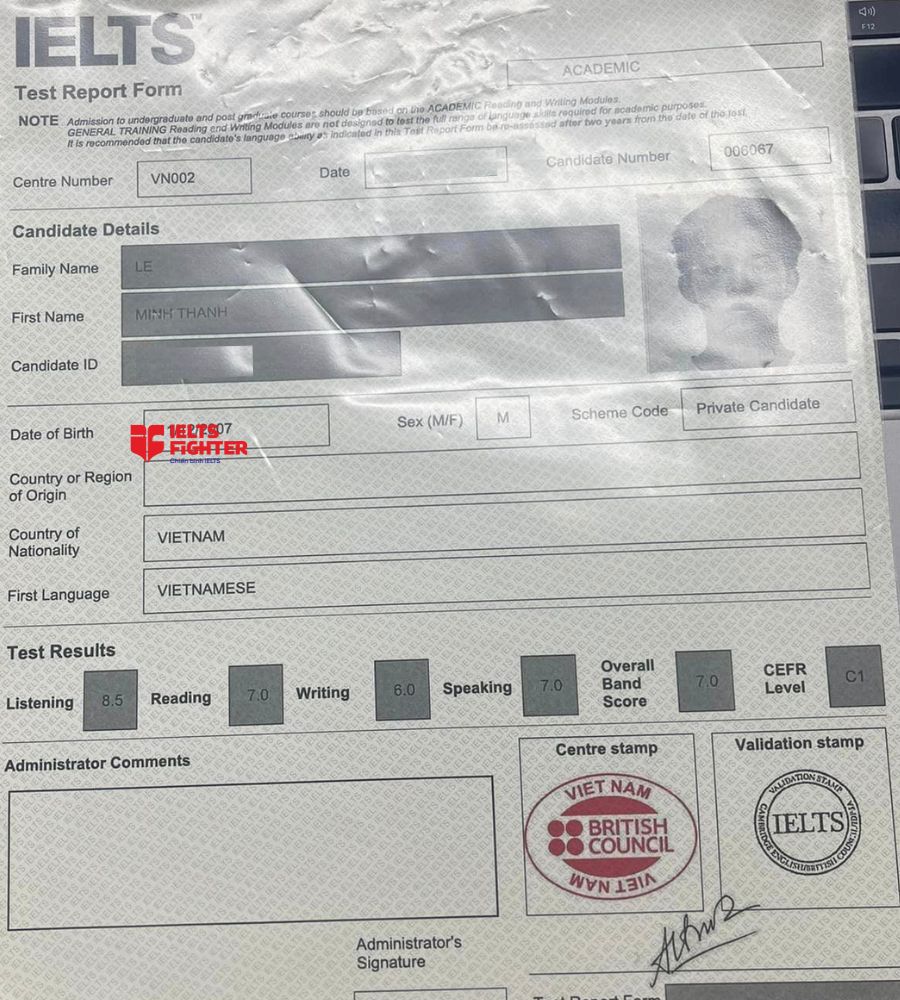 Chứng chỉ Lê Minh Thành 7.0 IELTS