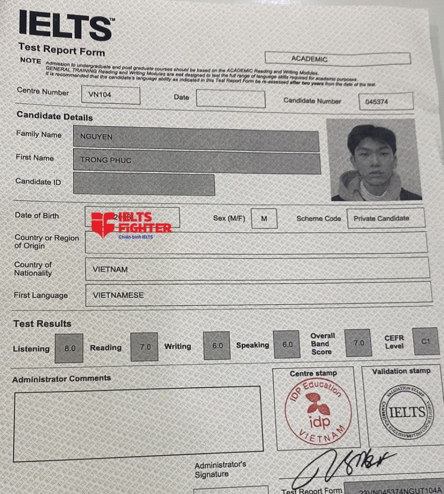 bảng điểm Nguyễn Trọng Phúc 7.0 IELTS