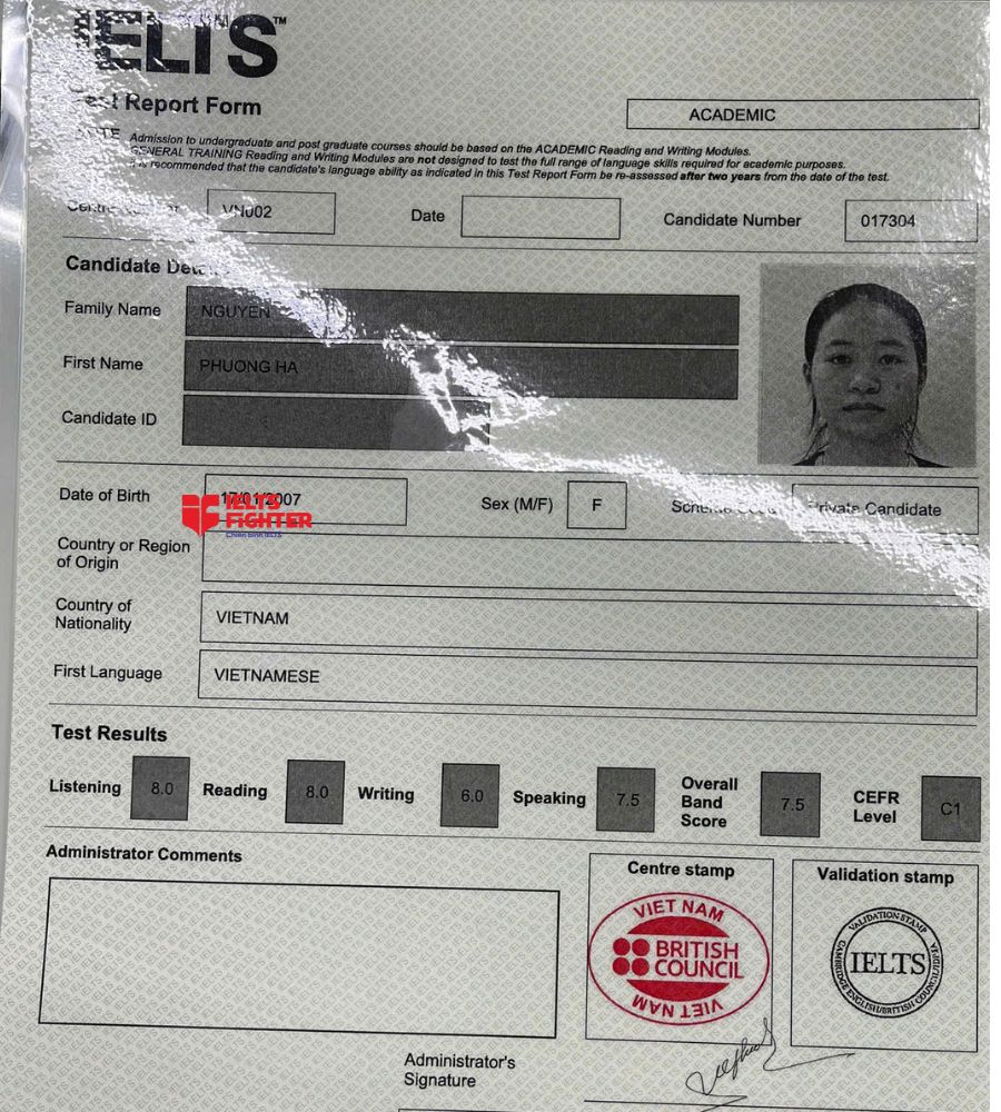 Chứng chỉ Nguyễn Phương Hà  7.5 IELTS