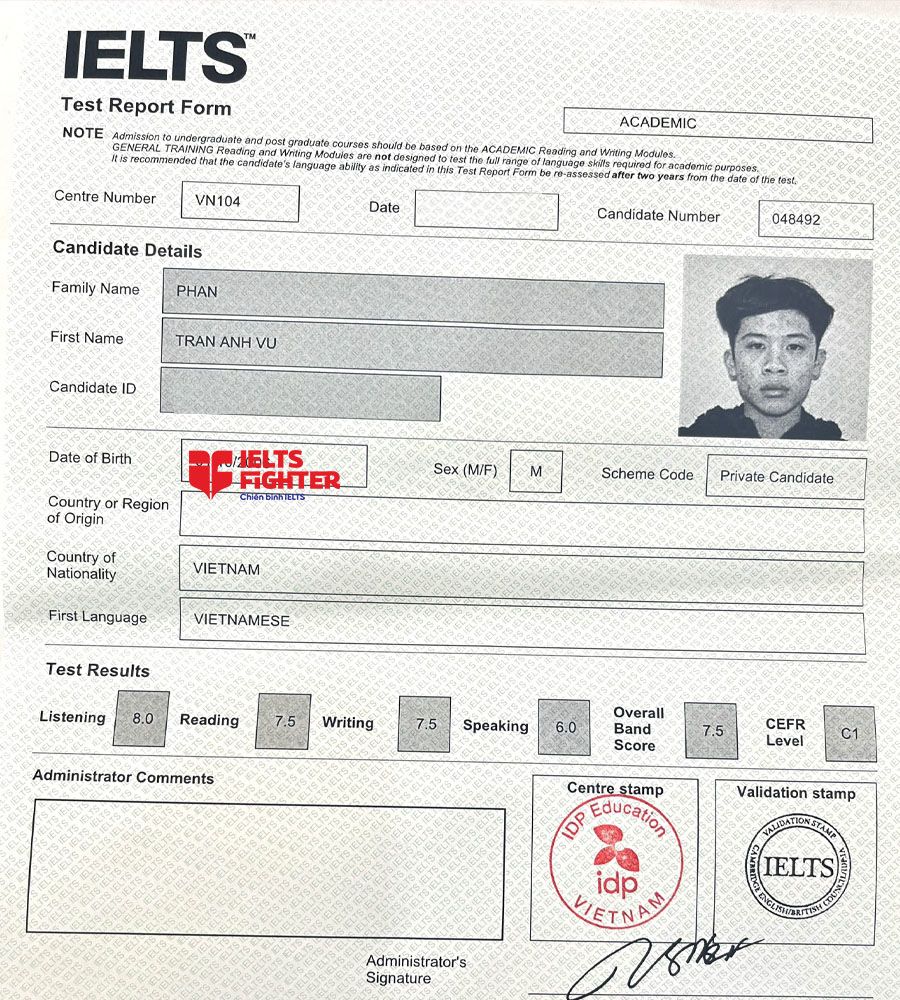 bảng điểm Phan Trần Anh Vũ 7.5 IELTS