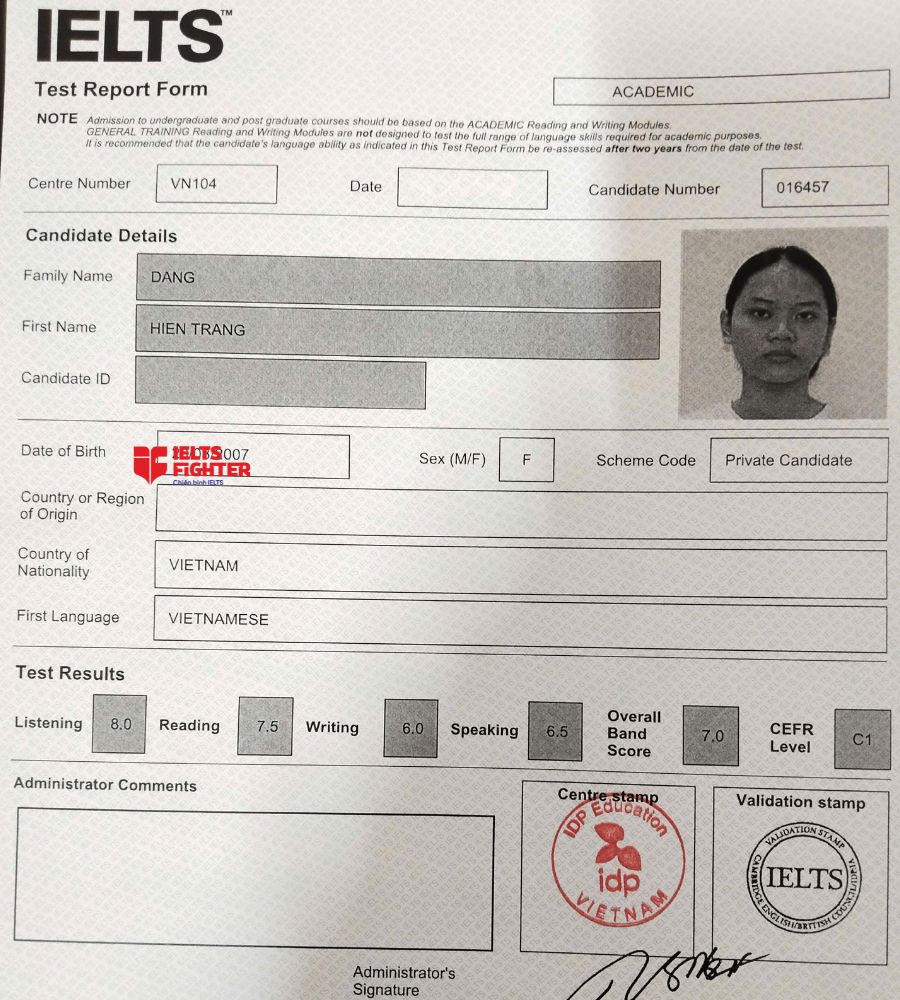 Chứng chỉ Đặng Hiền Trang 7.0 IELTS