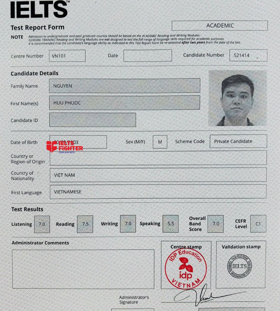 Chứng chỉ Nguyễn Hữu Phước 7.0 IELTS