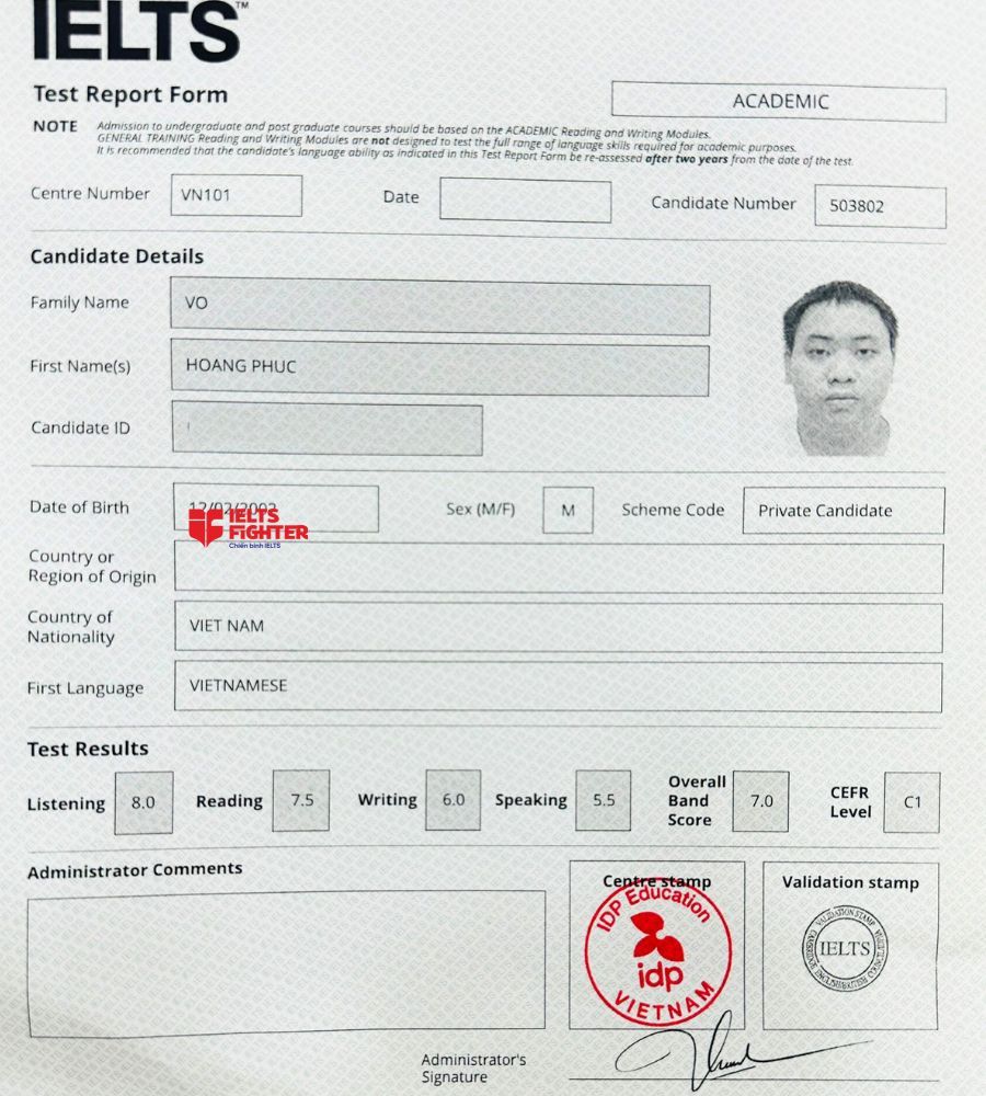 Chứng chỉ Võ Hoàng Phúc 7.0 IELTS