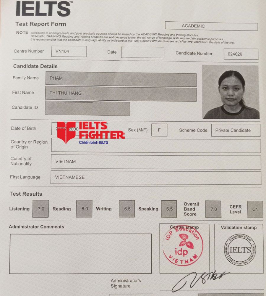 bảng điểm thu hằng 7.0 ielts