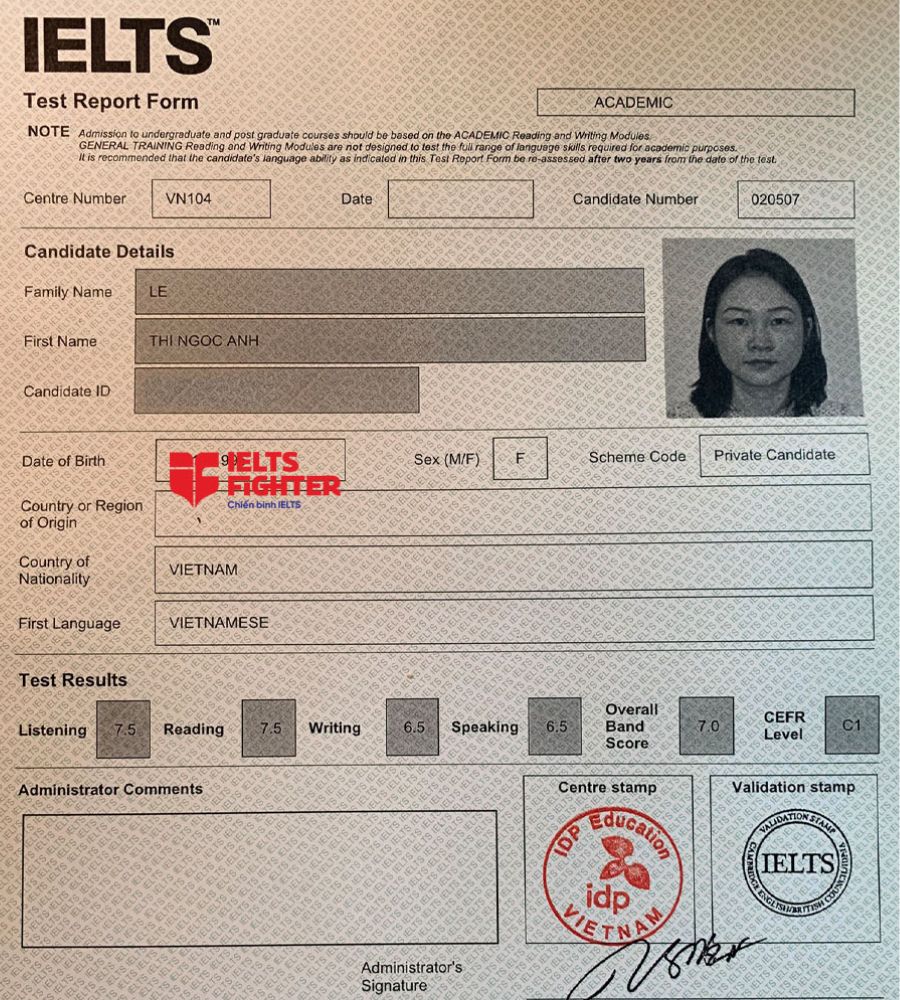 bảng điểm duy thành 7.5 IELTS