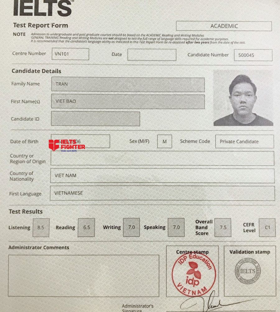 Chứng chỉ Trần Viết Bảo 7.5 IELTS