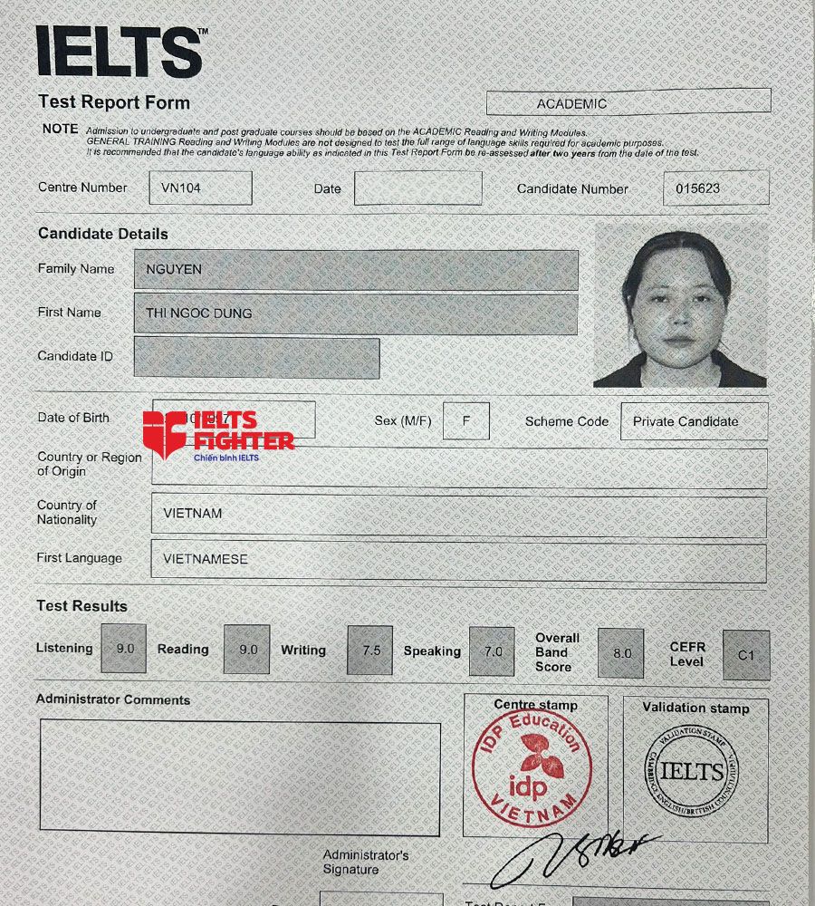 bảng điểm Ngọc dung - 8.0 IELTS 