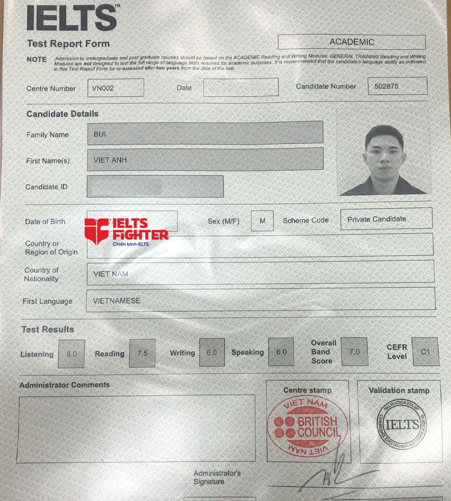 bảng điểm Việt Anh 7.0 IELTS