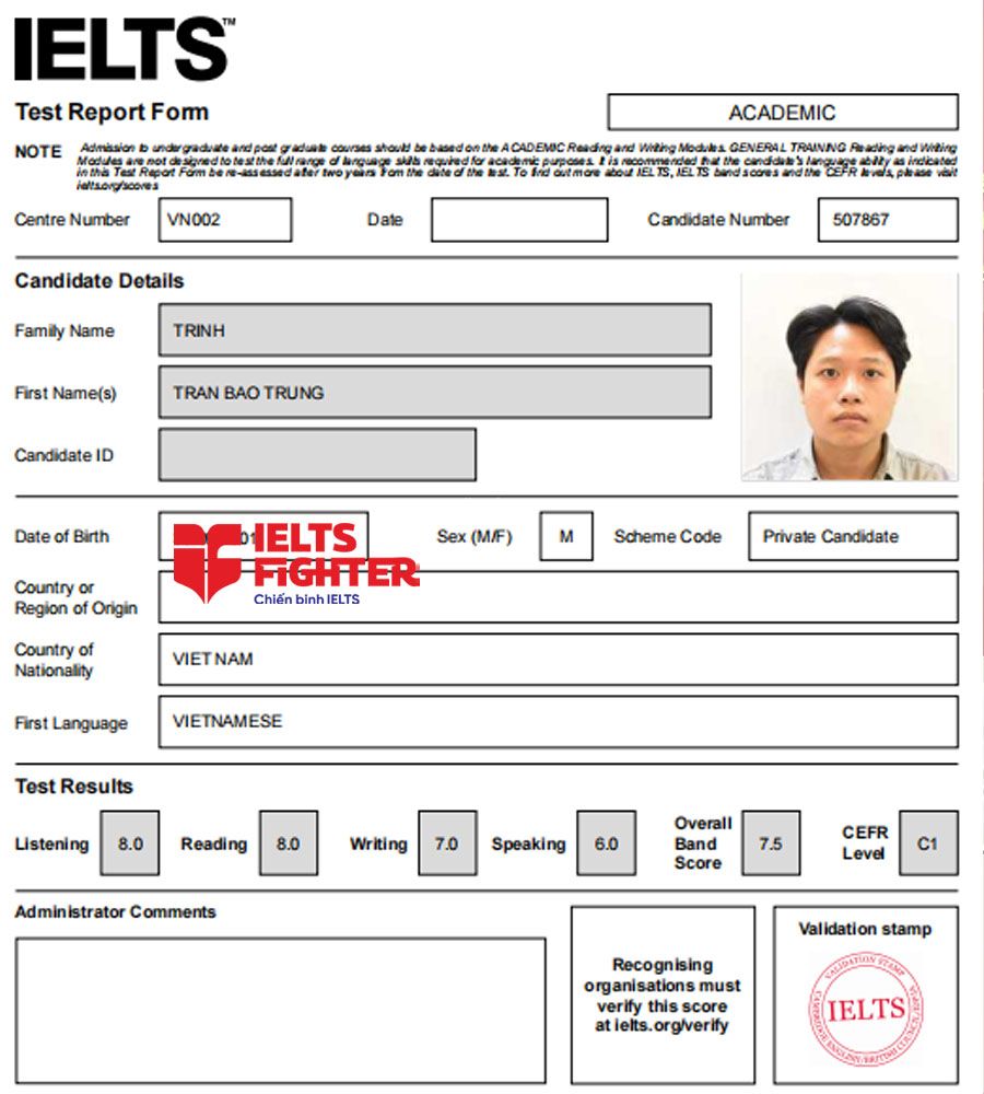 bảng điểm bảo trung 7.5 IELTS