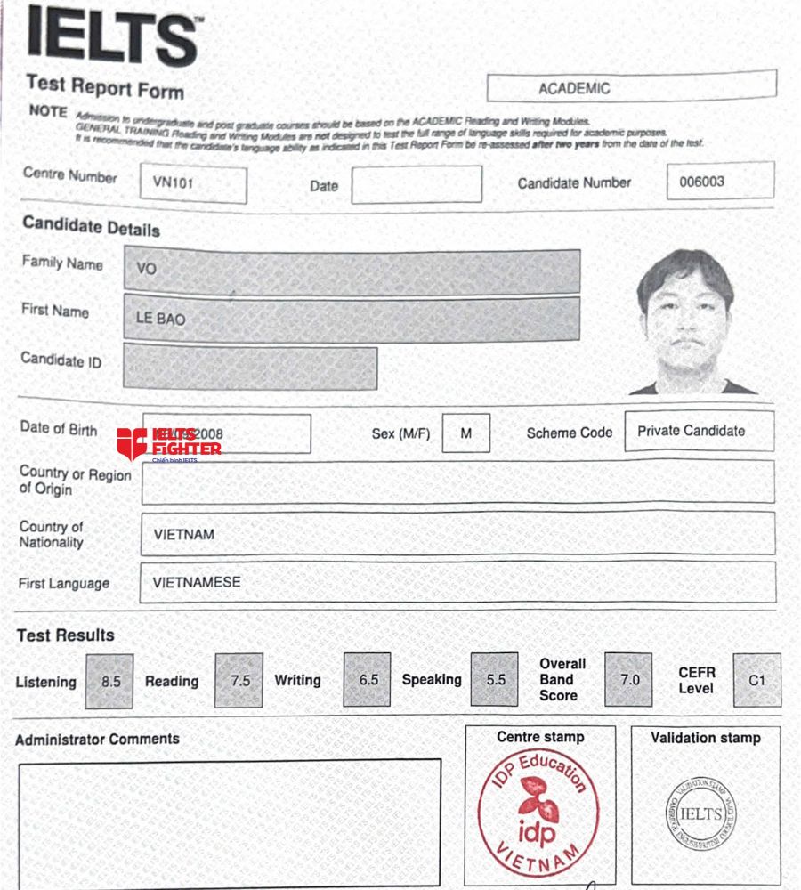 Chứng chỉ Võ Lê Bảo 7.0 IELTS