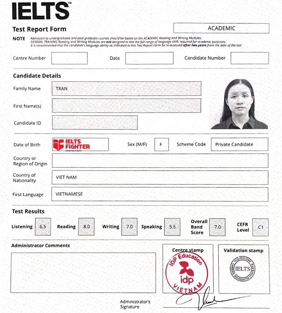 Chứng chỉ Trần Hồng Trân  7.0 IELTS