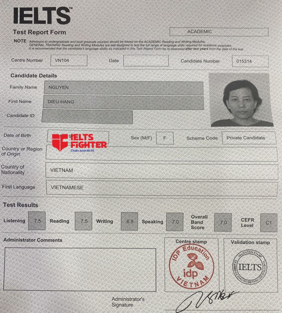 bảng điểm Diệu hằng 7.0 IELTS