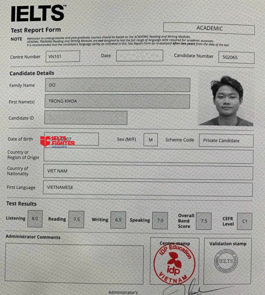 Chứng chỉ Đỗ Trọng Khoa  7.5 IELTS