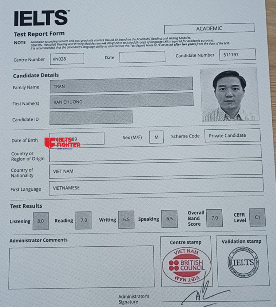 Chứng chỉ Trần Văn Chương 7.0 IELTS